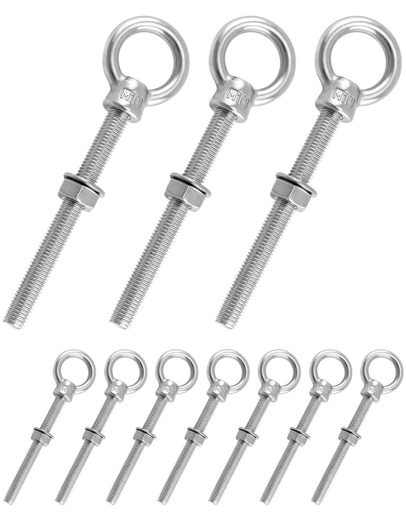 QWORK براغي عين ملولبة، عبوة 10 حبة 3/8" x 4" طويلة من الفولاذ المقاوم للصدأ من الدرجة البحرية، M10x100mm - Image 1